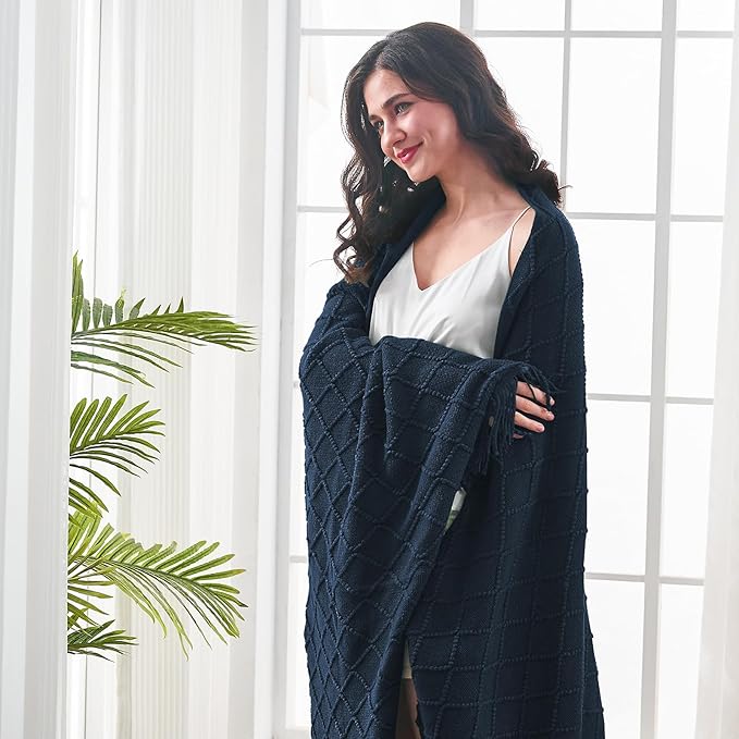 inhand Knitted Throw Blankets for Couch and Bed, Soft Cozy Knit Blanket with Tassel, Dark Blue Lightweight Decorative Blankets and Throws, Farmhouse Warm Woven Blanket for Men and Women, 50"x60"-Ruum Studio Home