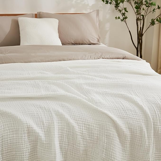 EMME Cotton Blanket Twin XL for Bed Soft Muslin Blankets 66"x90" Lightweight Breathable Layering Bedspread Coverlet All Season Gauze, White-Ruum Studio Home