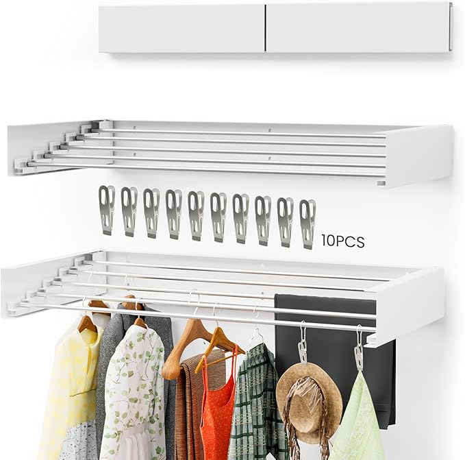 Foldable Wall-Mounted Drying Rack, Heavy-Duty 60 lb Capacity – Space-Saving Folding Laundry Hanger with 10 Clips, Rust-Proof Aluminium Clothes Dryer for Indoor & Outdoor Use-Ruum Studio Home