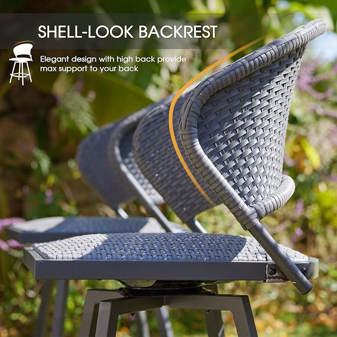 VICLLAX Patio Bar Stool Chairs with Footrests and Padded Seat, Bar Height Swivel Patio Chairs Set of 6, Woven Wicker Swivel Bar Stools for Lawn Garden, Grey-Ruum Studio Home