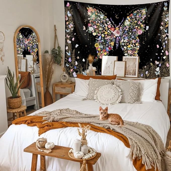 Damanse Butterfly Tapestry Wall Hanging Cute,Boho Wall Tapestry for Bedroom Aesthetic,Flower Living Room Decor for Teen Girls (Black, 49.20" x 59.10")-Ruum Studio Home