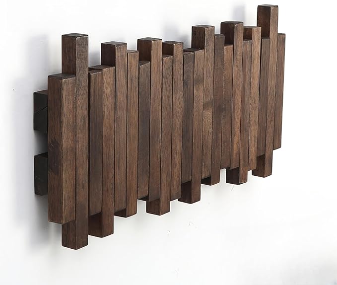 Wall Mounted Piano Coat Rack| Coat Rack Wall Mount| Flip Down Hook Rack 5 Hooks| Entryway Wall Art Hook,Made of Acacia Wood (Wood Wax Oil Dyed Walnut Color).Wall Art-Ruum Studio Home