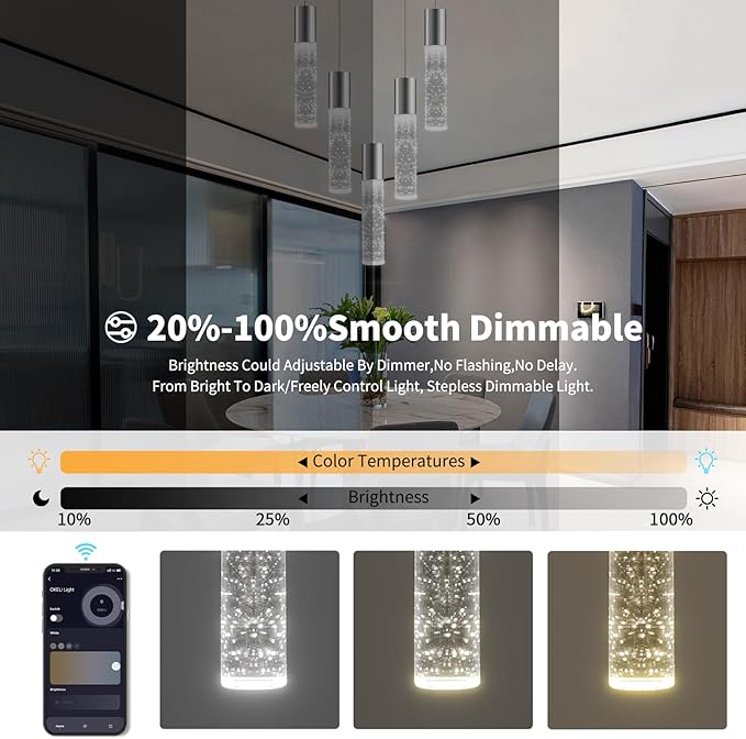 OKELI Smart Dimmable LED 5-Light Pendant Light for Kitchen Island, 18W 1350LM Modern Bubble Crystal Island Light Fixture with TUYA App & Voice Control, Adjustable 3000K-6000K, Electro-Chrome-Ruum Studio Home