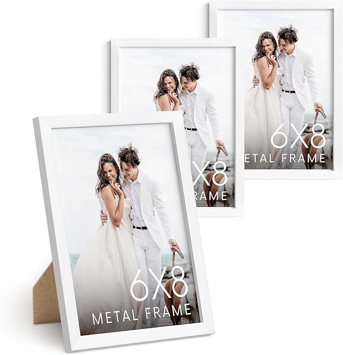 HAUS AND HUES 6x8 White Metal Picture Frames - Photo Frames 6x8 - Features Premium Aluminum, Vertical Hanging, Easel Back for Tabletop, Home, Office (6x8 in, White, Set of 3)-Ruum Studio Home