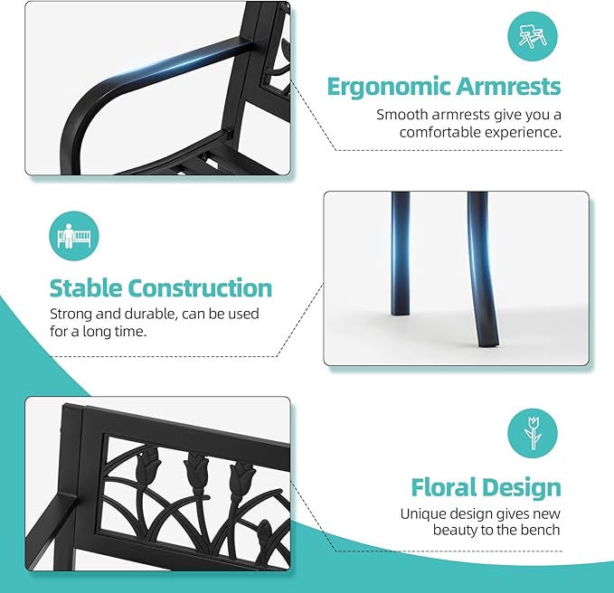 AVAWING Outdoor Bench, 2-Person Garden Benches for Outside, Metal Frame Patio Seating with Floral Pattern Backrest, Armrests for Lawn, Park, Porch, Entryway, Black-Ruum Studio Home