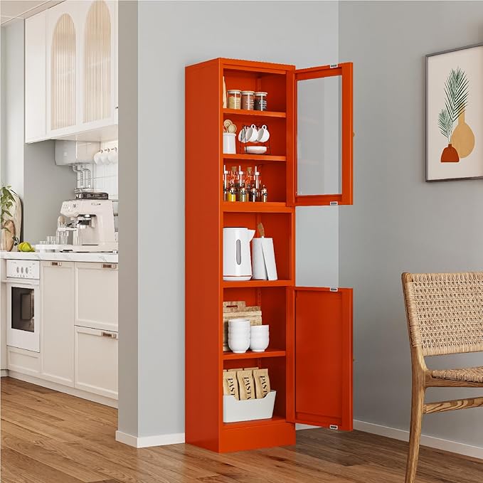 67" Tall Bathroom Storage Cabinet, Narrow Metal Floor Cabinet with Glass Door and Adjustable Shelves, Freestanding Metal Locker for Laundry, Kitchen, Dining Room-Ruum Studio Home