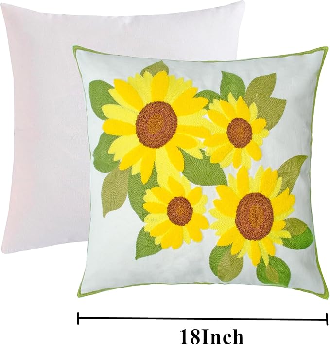 Embroidered Decorative Throw Pillow Cover, 18"x18" Set of 2, Farmhouse Pillowcase Yellow Sunflower Knit Pattern Cotton Canvas Cushion Case Square Floral Pillow Case for Sofa Couch Bed Living Room-Ruum Studio Home