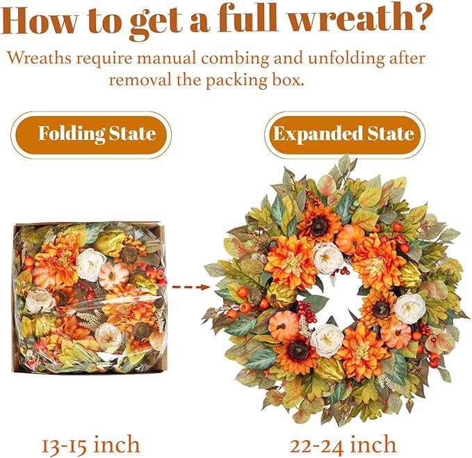 Fall Wreath for Front Door, 24 Inch Autumn Wreath with Pumpkins, Peony, Sunflowers & Dahlias, Fall Decorations for Home, Artificial Flowers Harvest and Thanksgiving Indoor & Outdoor-Ruum Studio Home