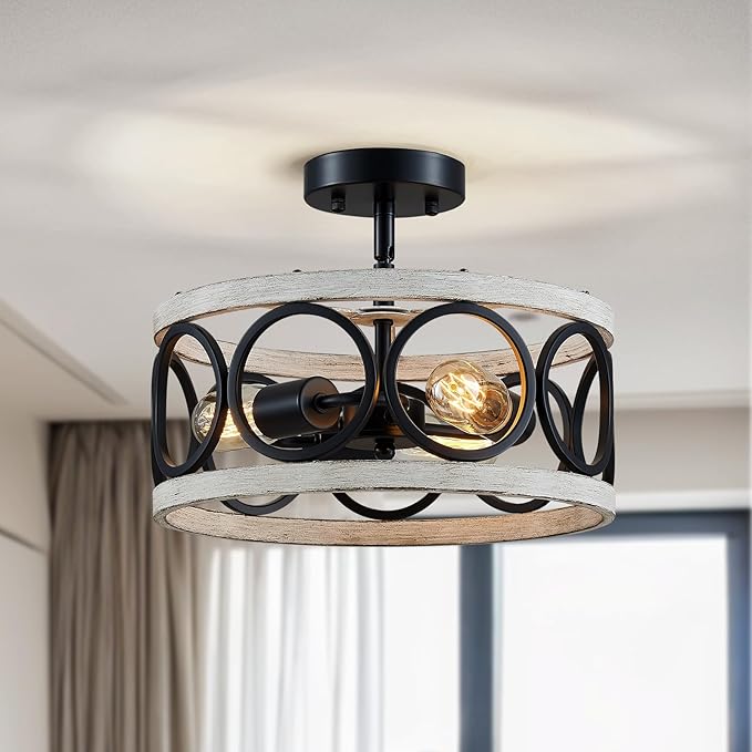 XINGQI White Chandelier 3-Light Modern Ceiling Light Rustic Wood Grain Adjustable Height Pendant Lighting Fixture 13" Round Metal Lamp for Dining Room Kitchen Bedroom Foyer Hallway-Ruum Studio Home
