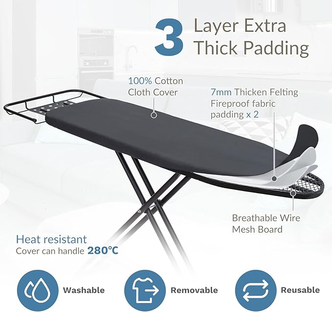 Ironing Board 48" x 15" with Retractable Iron Rest, RAINHOL Heavy Duty Full Size Iron Board, Sturdy Wide Frame with Thick Padding Cover, Height-Adjustable, Black-Ruum Studio Home