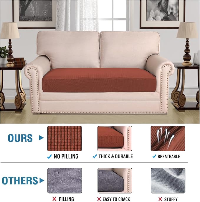 H.VERSAILTEX Super Stretch Individual Seat Cushion Covers Sofa Covers Couch Cushion Covers Slipcover Sets Thick Jacquard Textured Twill Fabric (1 Piece Loveseat Cushion Cover, Rust)-Ruum Studio Home