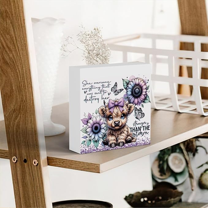 Cute Highland Cow Baby Decor, Highland Cow Sunflower Decor, Highland Cow Gifts for women, Highland Cow Nursery Decor, Wooden Box Decor Sign for Home Farmhouse Office Living Room Table Shelf-Ruum Studio Home
