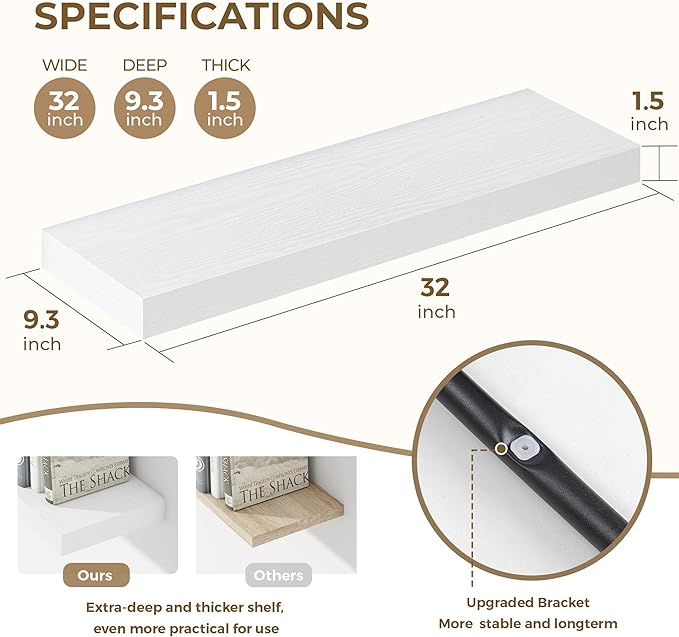 Dreamland 32 Inches Floating Shelves for Wall, 9.3" Deep Long Floating Shelves Set of 2, Large Display & Storage Shelf, Wall Shelf for Bathroom Bedroom Living Room Kitchen Office, White-Ruum Studio Home
