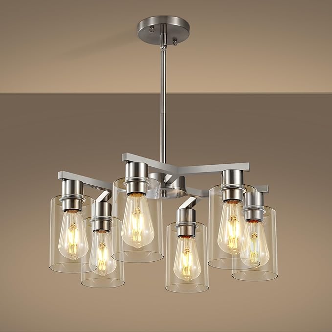 6-Light Farmhouse Brushed Nickel Chandelier,Modern Chandeliers for Dining Room Light Fixture Over Table,Adjustable Hanging Industrial Rustic Pendant Lights Kitchen Island Light with Clear Glass Shade-Ruum Studio Home