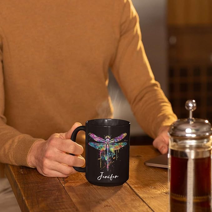 Colorful Dragonfly Ceramic Cup - Personalized Name Coffee Mug for Birthday, Gift for Son Daughter, Customized Black Animal Mug, Dragonfly Lover Cup 11oz 15oz-Ruum Studio Home