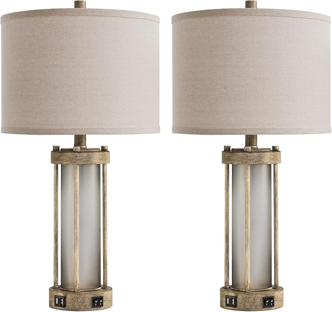 Farmhouse Table Lamps Set of 2 for Living Room, Vintage Bedroom Nightstand Lamp with Dual USB Ports, Bedside Lamp with Frosted Glass Nightlight for End Table Entryway, 4 Bulbs Included (Earthy Gray)-Ruum Studio Home