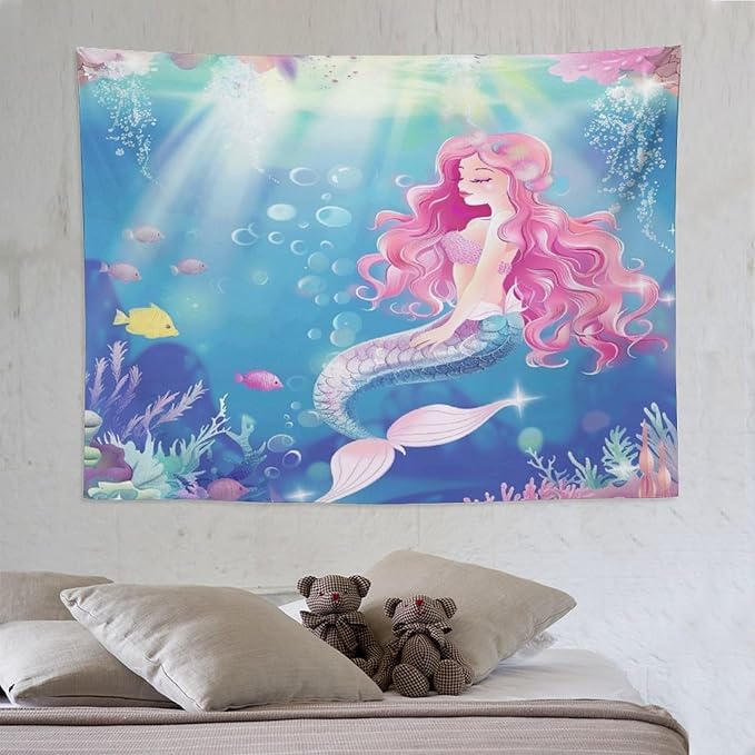 HZOHNAGO Mermaid Girls Tapestry Watercolor Mermaid Princess Pink Hair Pattern for Kids Room Decoration Printed Wall Tapestry Wall Hanging for Bedroom Living Room Dorm 80" W x 60" H-Ruum Studio Home