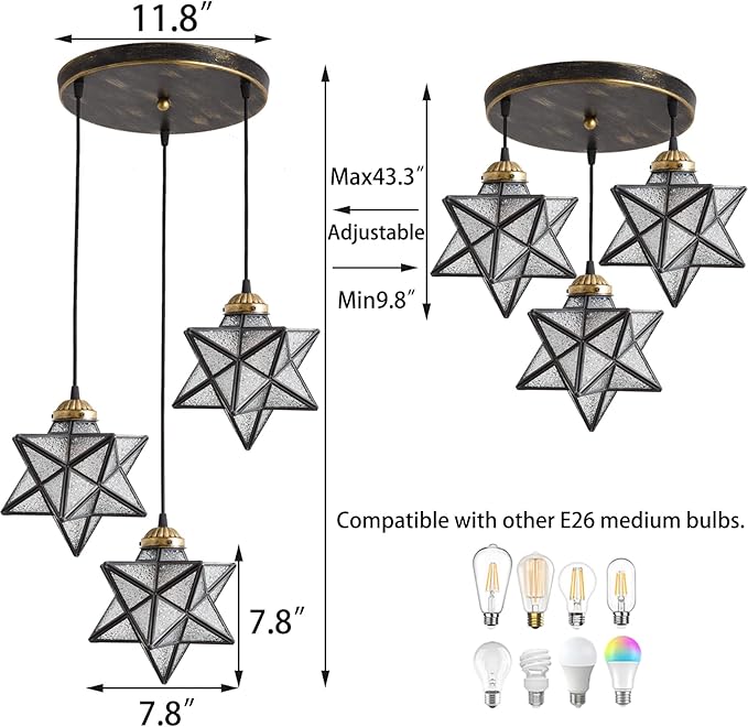 Glass Glam Chandelier Star Pendants Light Fixture Modern Elegant Ceiling Hanging Lights Included LED Warm Light Bulbs Oiled Bronze-Ruum Studio Home
