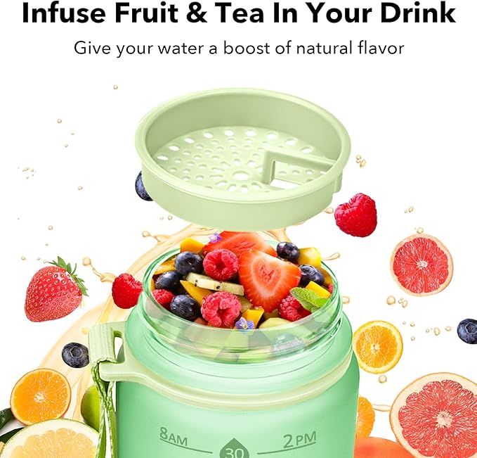 32oz Motivational Water Bottles with Time Marker & Fruit Strainer, Transparent Gradient Color Water Bottle with Times to Drink, Leakproof & BPA Free, Reusable Bottle with Strap (No Straw)-Ruum Studio Home