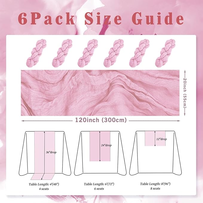 Light Pink Cheesecloth Table Runner 6 Pack 10FT Rustic Gauze Fabric Cheese Cloth Table Runner for Wedding 20 x 120 Inch Long Bridal Baby Shower Table Decorations Boho Sheer Birthday Party Table Decor-Ruum Studio Home