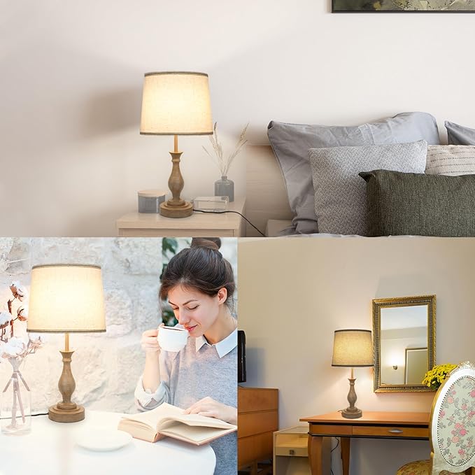 Touch Lamps for Bedrooms Set of 2, Farmhouse Table Lamp with Dual USB Charging Ports, 3 Way Dimmable Nightstand Lamps with Linen Fabric Lampshade for Bedroom (Pack 2-Beige Shade & Antique Brown)-Ruum Studio Home