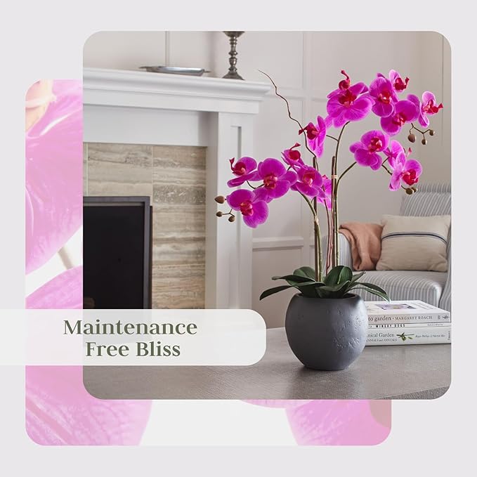 Faux Pink Orchid Plant, Premium Artificial Indoor Flower Display Stands 25-Inches with Beautiful Sculptural Blooms and Foliage That Lasts Forever, Grey Planter Pot Included-Ruum Studio Home