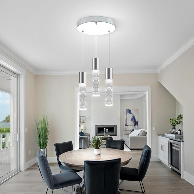 OKELI Dimmable LED 3-Light Pendant Light for Kitchen Island, 18W 1350LM Modern Bubble Crystal Island Light Fixture,6000K, Electro-Chrome, Easy Installation, Round-Ruum Studio Home