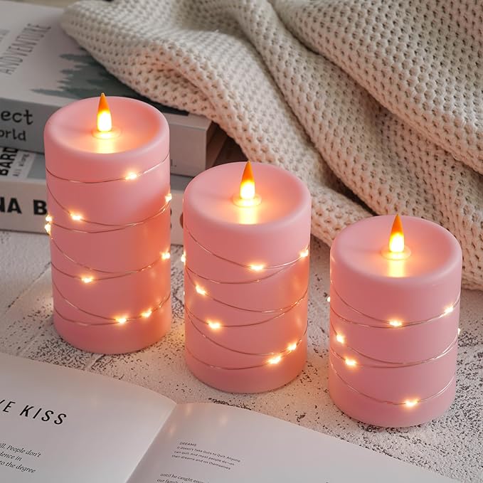 Rose Pink Flameless Candles with String Lights Battery Operated Flickering LED Pillar Candles 4‘’ 5‘’ 6‘’ Candle with Remote Control, Set of 3-Ruum Studio Home
