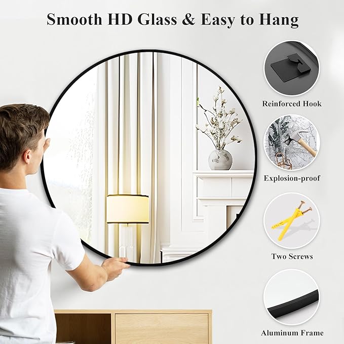 Fabuday Black Round Mirror 39 Inch - Big Circle Wall Mirror for Bathroom, Living Room, Hallway, Entryway, Matte Aluminum Frame Large Circular Mirrors for Wall Decor-Ruum Studio Home
