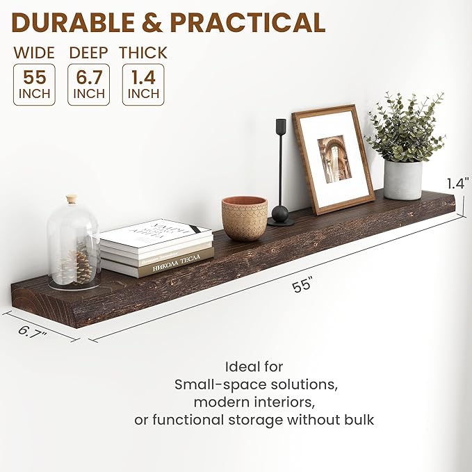 55" Floating Shelves, Live Edge Elm Wood Floating Shelf for Wall, Wall-Mounted Display Shelves with Invisible Heavy-Duty Bracket, Long Floating Shelf for Bathroom, Kitchen, Living Room, Walnut Color-Ruum Studio Home