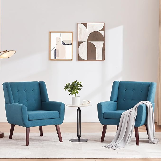 HUIMO Button-Tufted Accent Chairs Set of 2,Upholstered Reading Living Room Chair,Mid Century Modern Chair with Linen Fabric, Club Chair,Comfy Arm Chairs for Living Room,Bedroom,Lake Blue-Ruum Studio Home