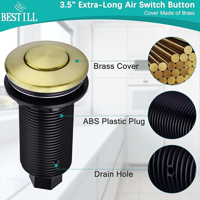BESTILL Garbage Disposal Air Switch Kit - UL Listed, Cordless Sink Top Switch Button for Waste Disposer, 3.6" Long Push Button with Brass Cover, Brushed Gold, Compatible with all Garbage Disposals-Ruum Studio Home