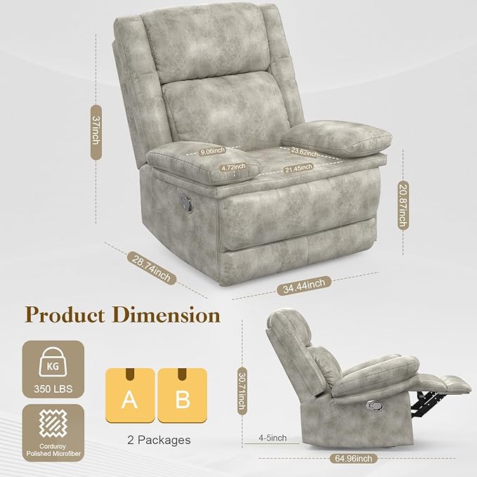 Recliner Chair for Adults, Oversized Manual Pull Tab Reclining Chair, 2-Tier Cushions, Minimalist Style Single Sofa for Living Room, RV (Polished Microfiber)-Ruum Studio Home