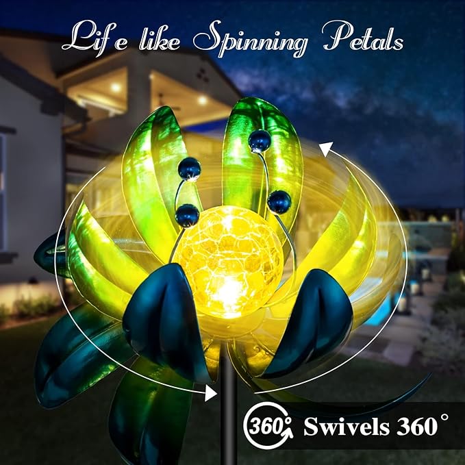 Solar Garden Lights Metal Flower Decor, Colorful Spinning Windmill Lotus Pathway Ligths with LED Cracked Crystal Ball Outdoor Decorative Stake Lighting Waterproof Flower Sculpture for Patio Yard-Ruum Studio Home