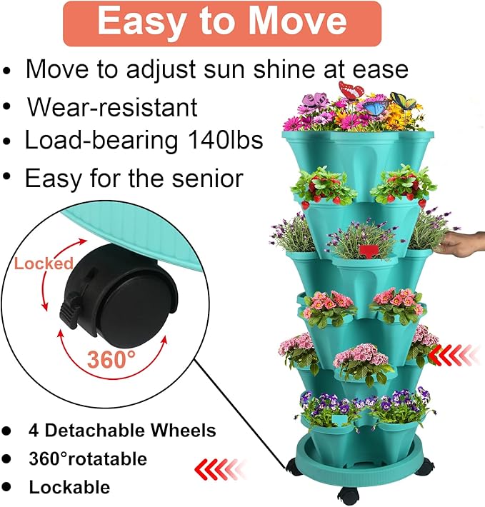 Vertical Planter, 6 Tier Stackable Strawberry Planter with Garden Tool Set, Movable Indoor/Outdoor Garden Herb Pot for Growing Vegetables and Succulents, Teal-Ruum Studio Home