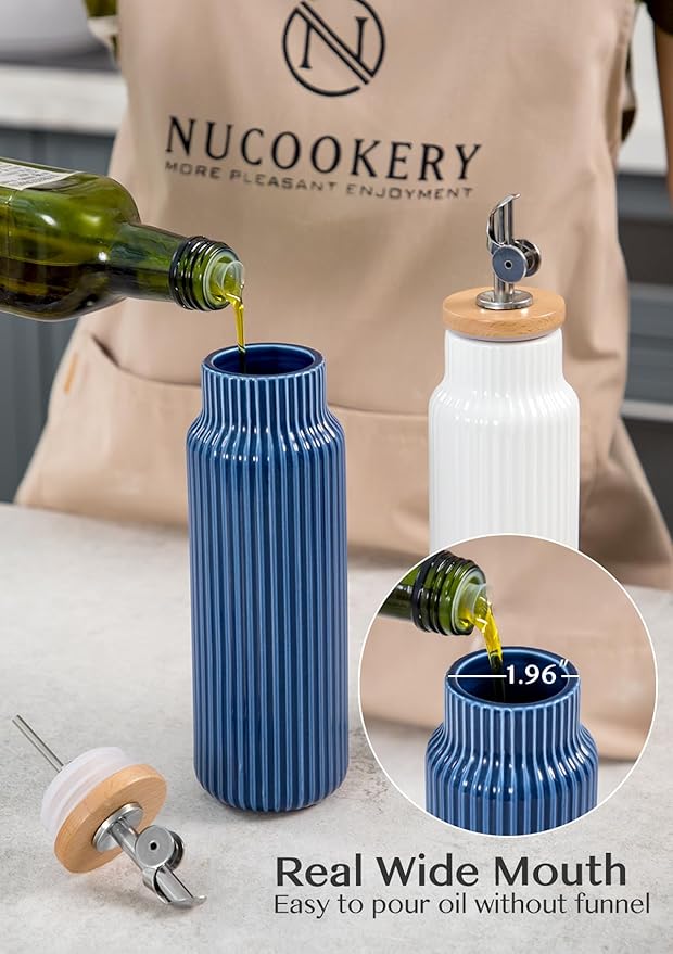 Nucookery Ceramic Olive Oil Dispenser Bottle for Kitchen, 14 oz Opaque Vinegar Dispenser Bottle, Large Capacity Cooking Oil Container for Storage Vinegar, Soy Sauce, Coffee Syrup, Blue-Ruum Studio Home