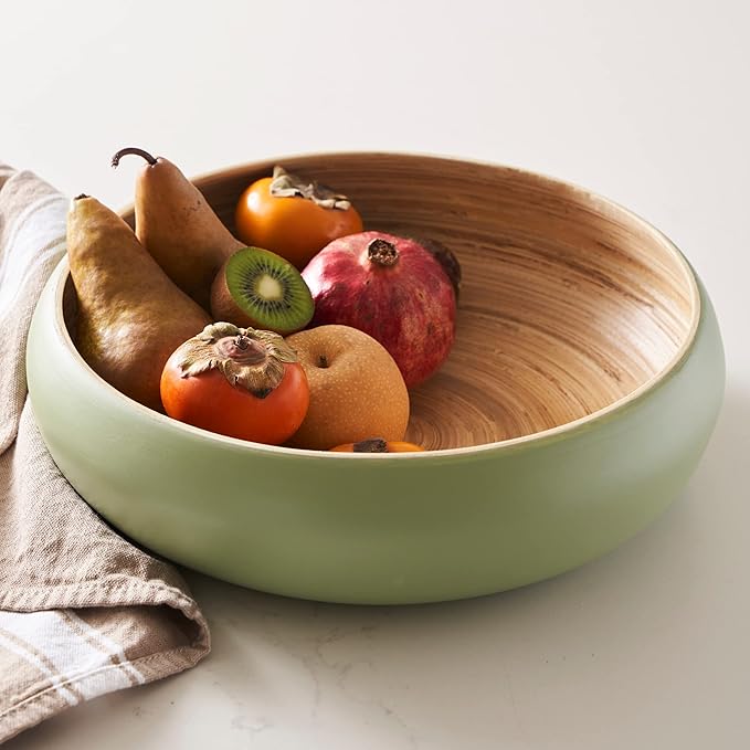 Fruit Bowl For Kitchen Counter, Decorative Bowl, Large Serving Bowl Or Fruit Basket For Kitchen Spun Bamboo (Sage)-Ruum Studio Home