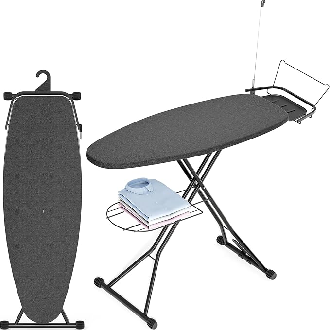 Full Size Ironing Board, 18x51 Iron Board with Metal Panel Stretchable Iron Rest, Adjustable Height Heavy Duty Heat & Scorch Resistant Cover Ironing Board, for Home, Laundry, Black-Ruum Studio Home