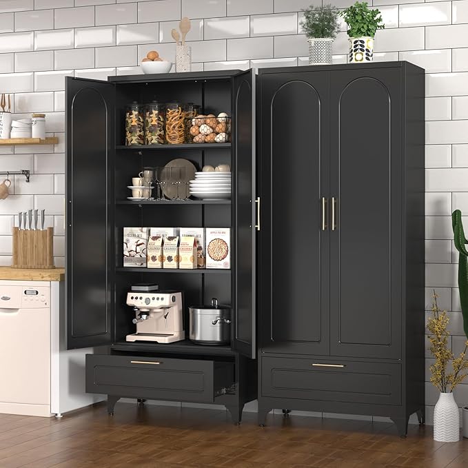 Black Pantry Kitchen Cabinet with Drawer, 75 Inch Metal Storage Cabinet with Doors and Shelves, Steel Food Pantries, Large Freestanding Cupboard for Living&Dining Room-Assemble Required-Ruum Studio Home