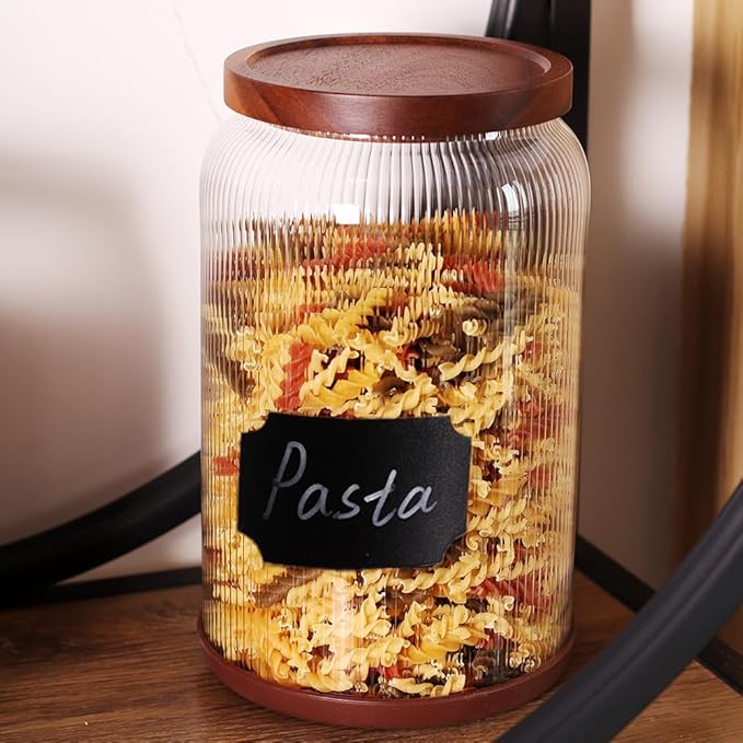 SAIOOL 2-Pack Striped Borosilicate Glass Airtight Canisters - Big mouth Large Capacity, Acacia Wood Lid, Food Storage Jars for Flour, Pasta, Pantry Organization (1 Gallon （2 Striped pack）)-Ruum Studio Home