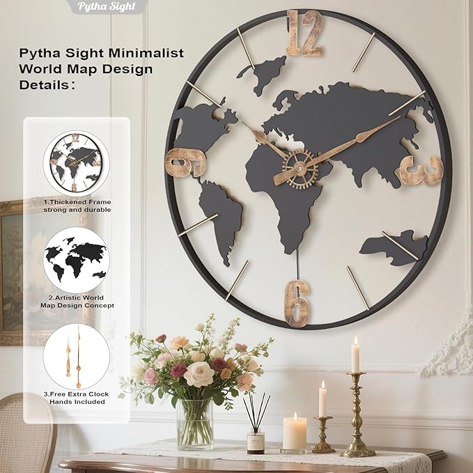 22 Inch Large Wall Clock,Modern Decorative Big World Map with Vintage Gold Arabic Numeral Extra Giant Metal Oversized Wall Clocks for Living Room,Office,Kitchen,Dining Room,Bedroom-Ruum Studio Home