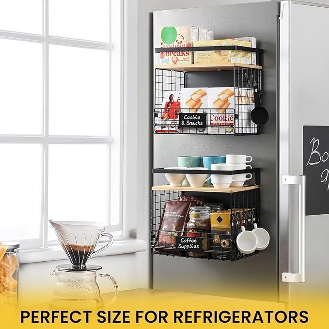 [WIDER Shelf]1 SET Strong Magnetic Shelf Basket for Fridge with Tag & Bamboo Top, XXL Large Magnetic Spice Rack Shelves for Side of Refrigerator, Kitchen Pantry Storage Organizer for Food Fruit Veg-Ruum Studio Home