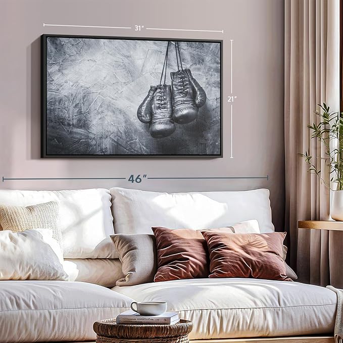 ElephantStock Boxing Gloves Wall Art - Horizontal Framed Canvas - 1-Piece Living Room Wall Decor - Photography Sports Canvas Print - Black and Gray Decor for Wall - 31" X 21"-Ruum Studio Home