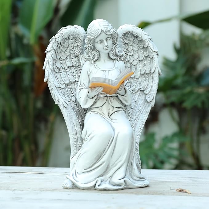 Angel Statue Outdoor Decor, Elegant Angel Garden Statues Reading Book with Solar LED Lights Yard Decorations Lawn Ornaments Figurines Resin Sculpture for Outside, Angel Gardening Gifts-Ruum Studio Home
