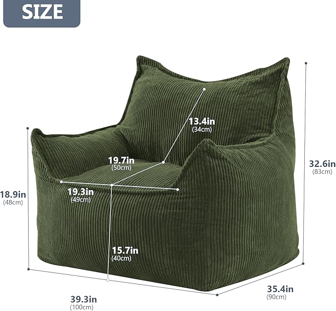 Giant Bean Bag Chair Sofa for Adults Teens, Comfy Corduroy Large Bean Bag Chairs with Armrests for Bedroom Living Room, Adult BeanBag Lazy Sofa Couch Chairs with Filler Included-Ruum Studio Home