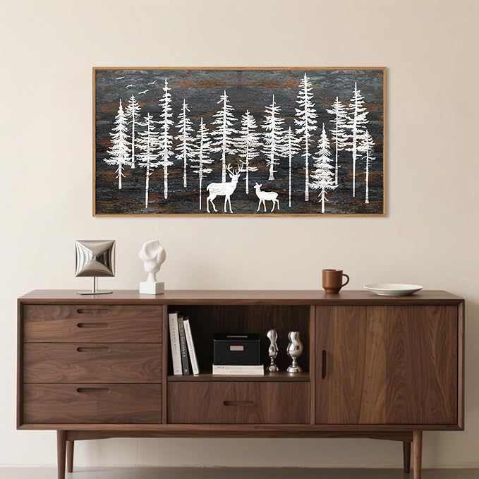 Modern White Forest Framed Canvas Wall Art Set, Minimalist Woodland Art Painting, Retro Tree Landscape Wall Decor, Wildland Deer Artwork for Living Room, Dining Room, Office - 20"x40"-Ruum Studio Home