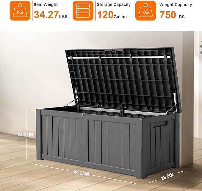 120 Gallon Resin Deck Box, Lockable Patio Outdoor Storage Box for Furniture, Garden Tools and Tools Storage, Waterproof Outside Storage Boxes - Black-Ruum Studio Home