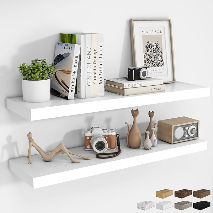 RICHFOCUS 40Inch Floating Shelves for Wall 2 Pack Shelves for Bedroom|Kitchen|Bathroom Wall Mounted Rustic Wood Floating Shelf with Invisible Brackets for Books|Storage|Decor, White-Ruum Studio Home