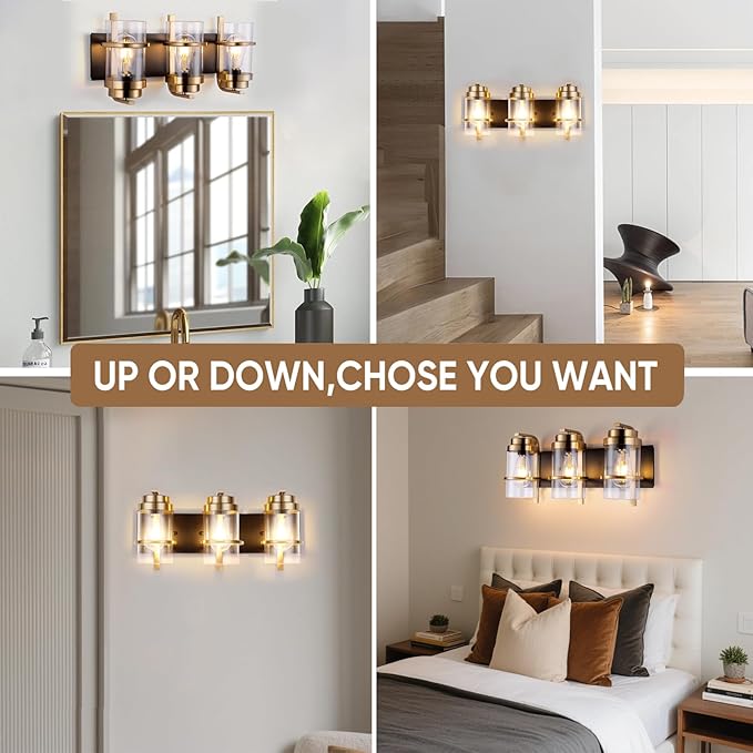 Black Gold Vanity Lights,3 Lights Bathroom Light Fixtures,Gold Finish Industrial Modern Wall Sconces 3 Lights,Bathroom Wall Lights(Bulbs not Included)-Ruum Studio Home