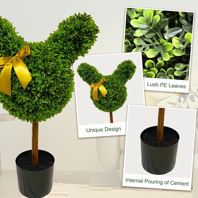 2 Pcs Artificial Bunny Shaped Topiary Trees, Artificial Green Boxwood Bunny Decorations with Gold Bow, Perfect for Indoor & Outdoor Front Porch, Easter& Garden Decor (Bunny Shaped Topiary Tree)-Ruum Studio Home